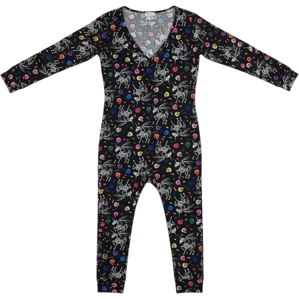 Shosho Rainbow Unicorn Skeleton Print XL Jumpsuit Black Halloween Whimsy Onesie
